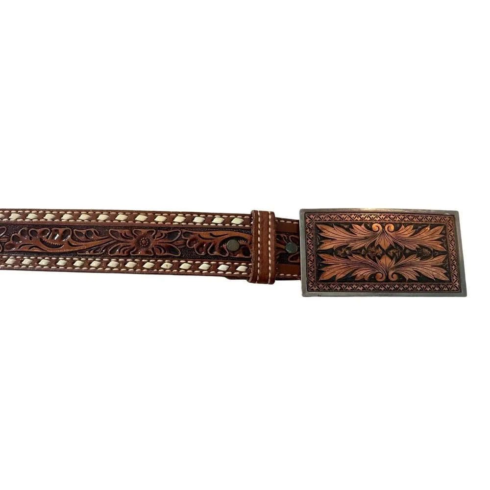 Circle Y Tooled Leather‎ Western Belt Engraved Buckle Brown Size 38